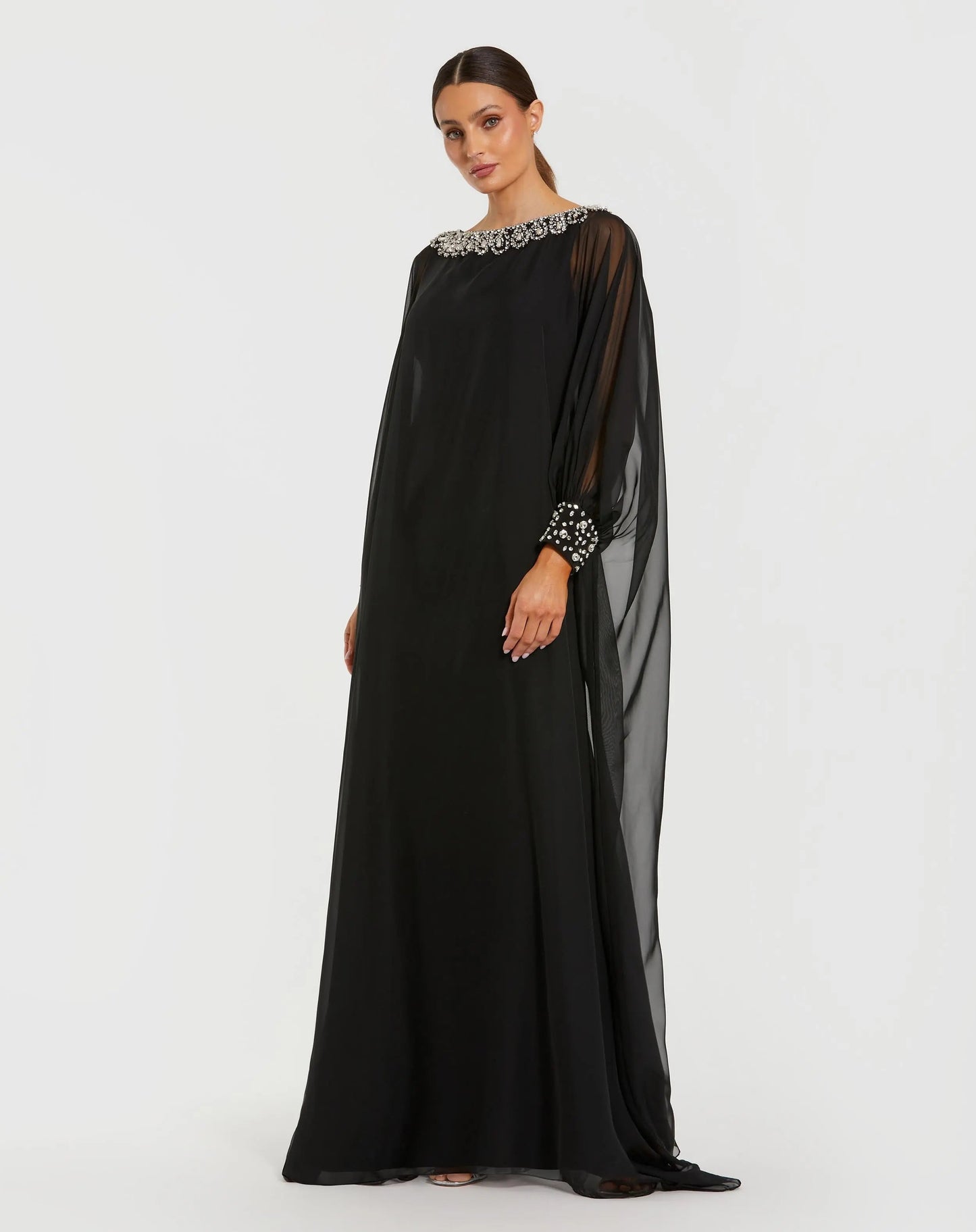 Black Long Sleeve Embellished Chiffon Kaftan Gown