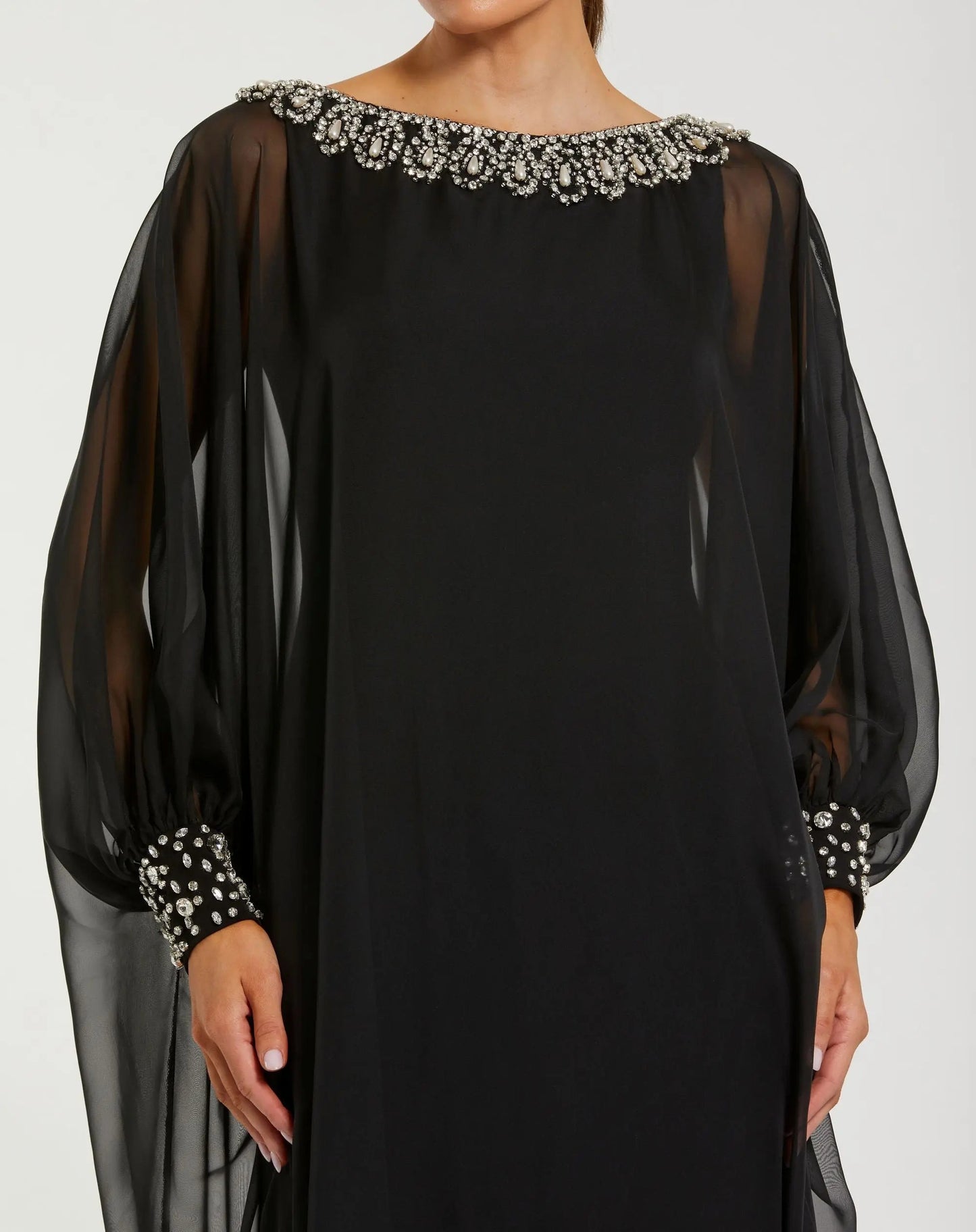 Black Long Sleeve Embellished Chiffon Kaftan Gown