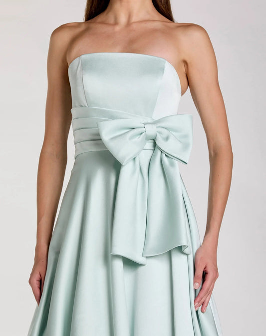 Green Strapless Satin Ball Gown with Bow Detail
