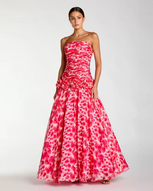 Pink Strapless Chiffon Ballgown with 3D Flowers