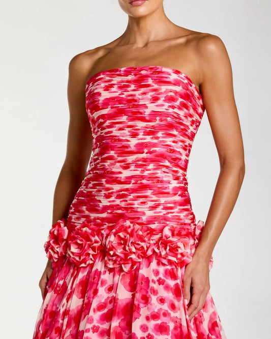 Pink Strapless Chiffon Ballgown with 3D Flowers