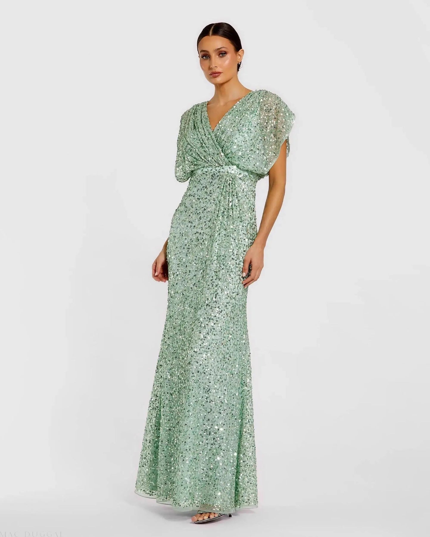 Green Draped Sleeve V Neck Gown