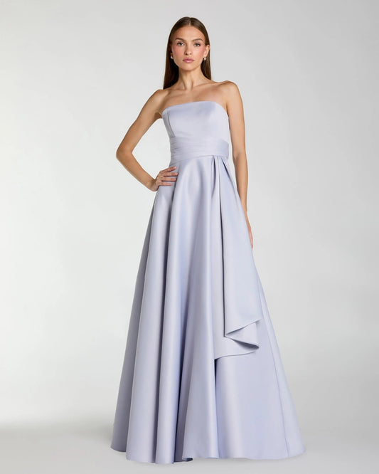 Purple Strapless Satin Ball Gown With Draped Detail