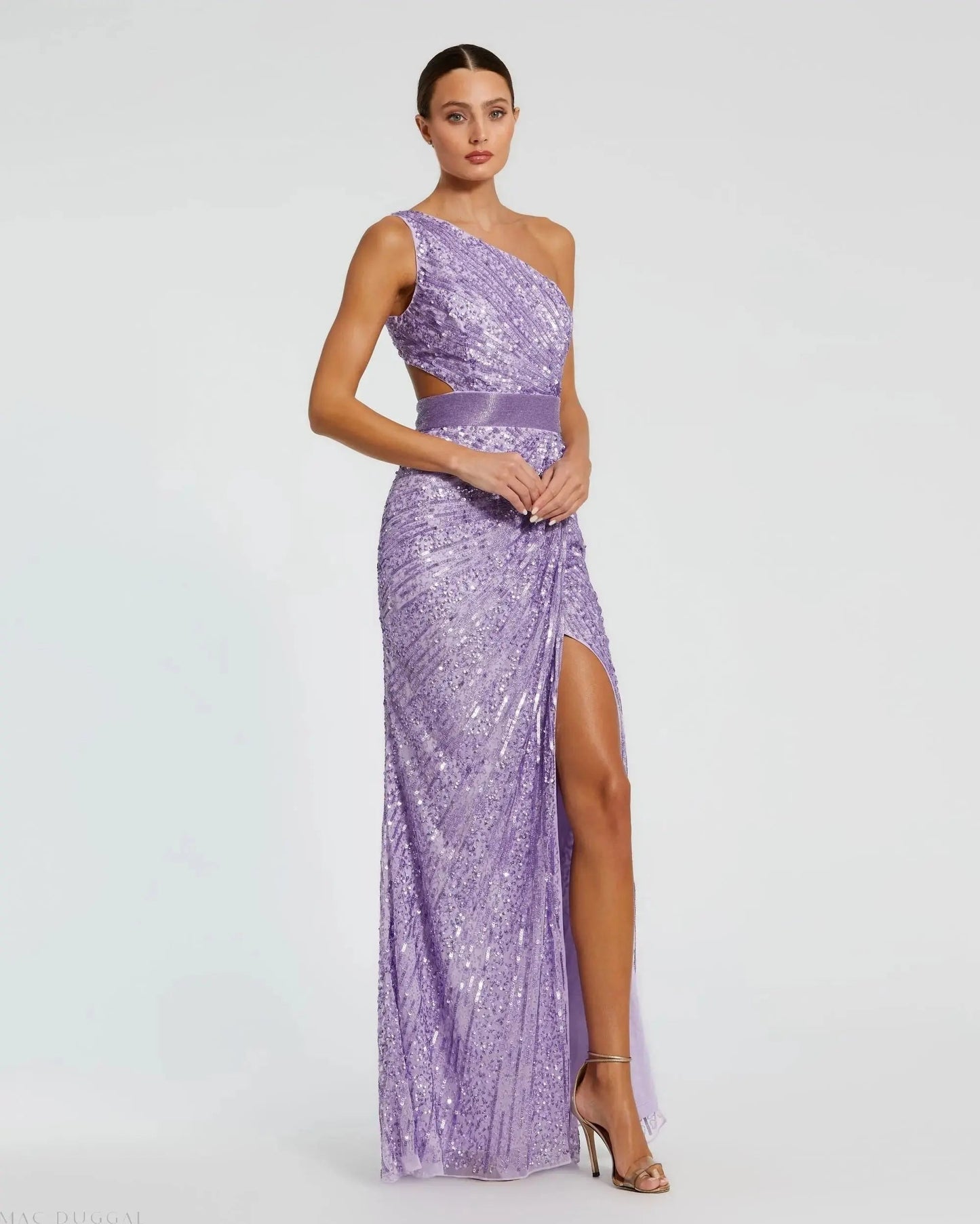 Purple Sequined One Shoulder Draped Lace Up Gown