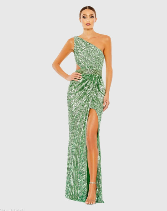 Green Sequined One Shoulder Draped Lace Up Gown
