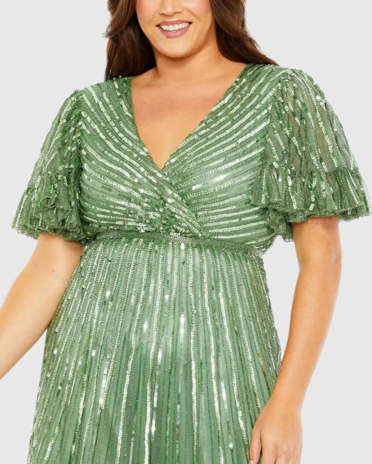 Green Sequin Faux Wrap Flutter Sleeve Ruffle Dress (Plus)