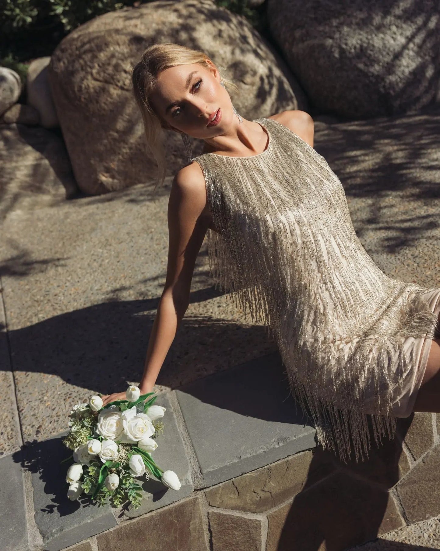 Ivory Beaded Fringe Mini Dress