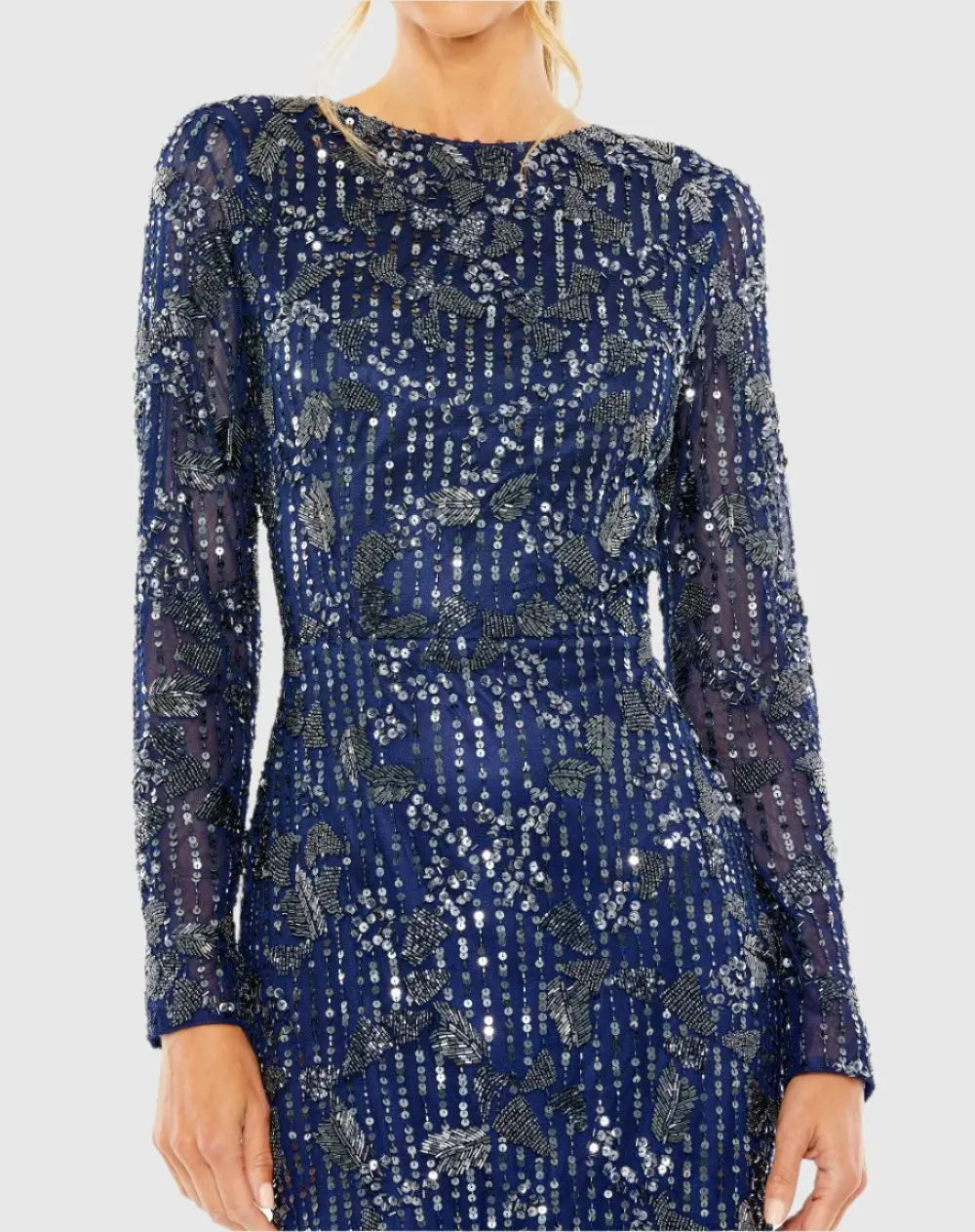 Navy High Neck Long Sleeve Embellished Dress