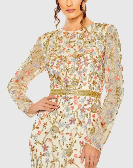 White Long Sleeve Floral Embellished Gown