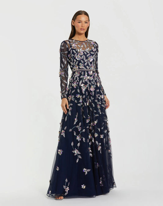 Navy Long Sleeve Floral Embellished Evening Gown