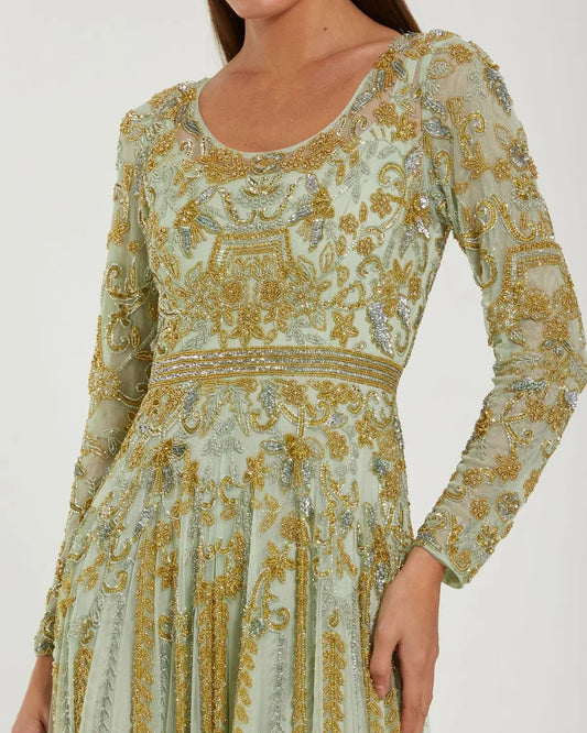 Green Beaded Long Sleeve Scoop Neck A Line Gown