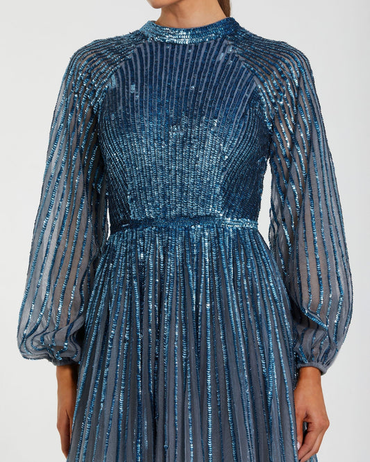 Blue Ombré Sequin Long Sleeve A-Line Evening Dress