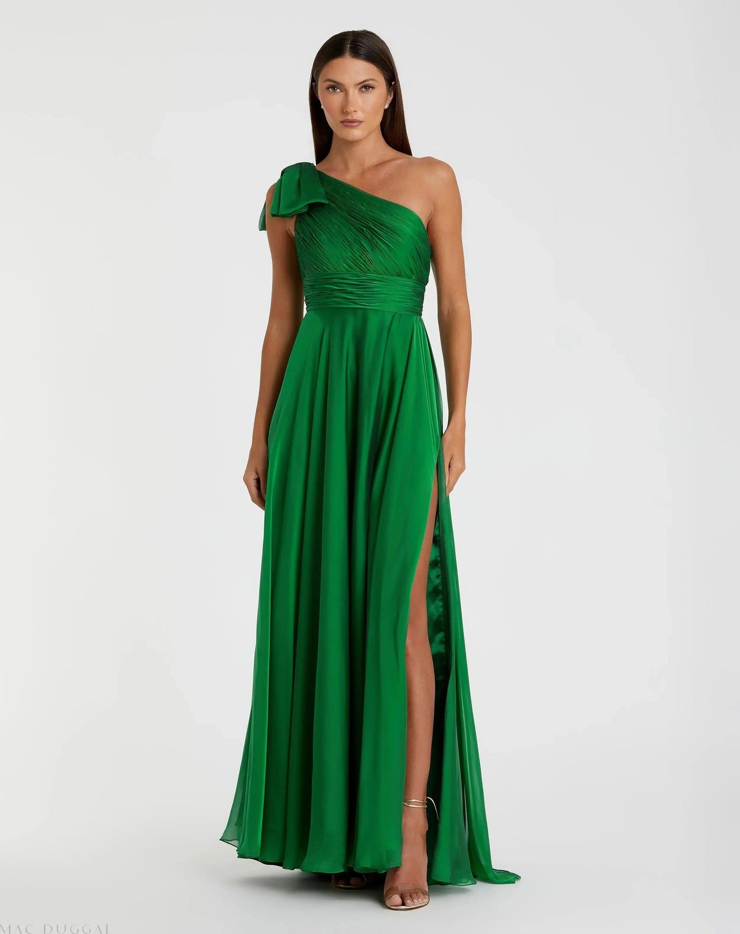 Green Sleeveless One Shoulder Pleated Gown