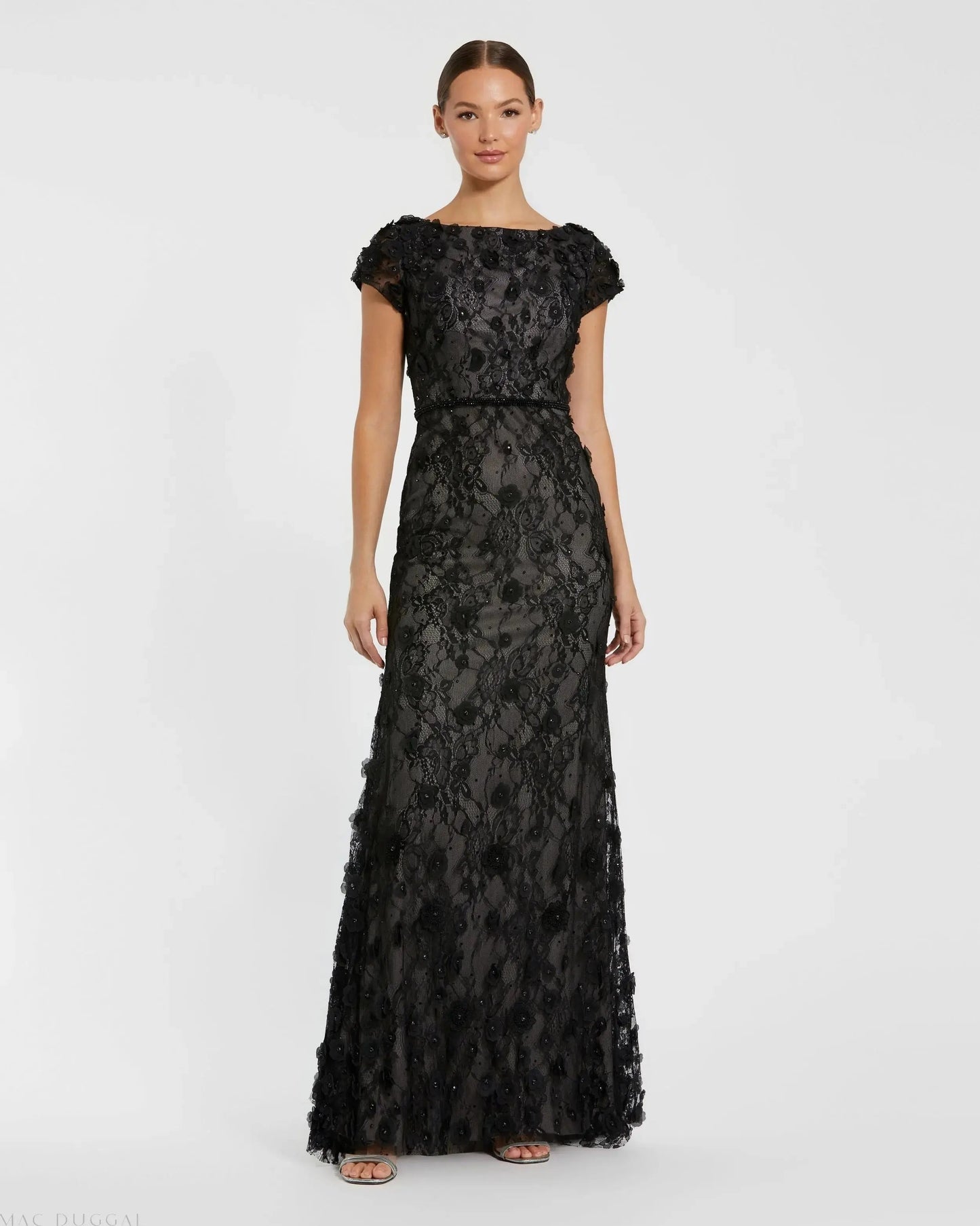 Black Floral Applique Boat Neck Cap Sleeve Gown