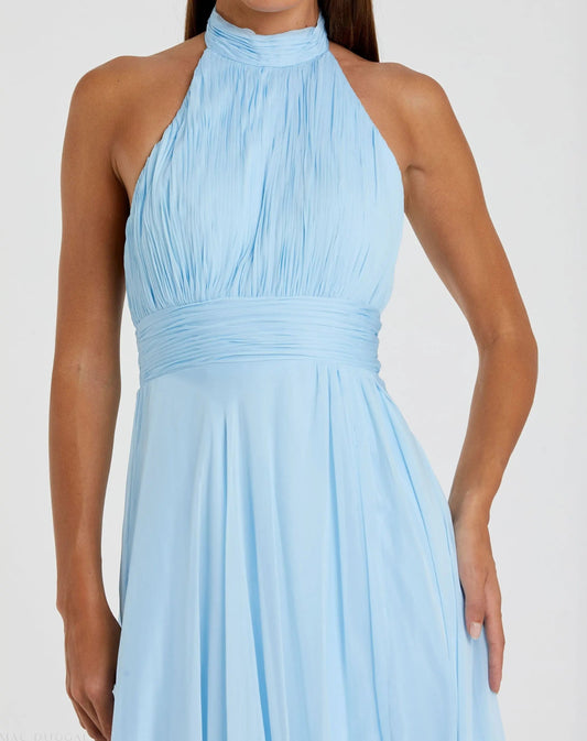 Blue High Neck Tiered Chiffon Halter Gown