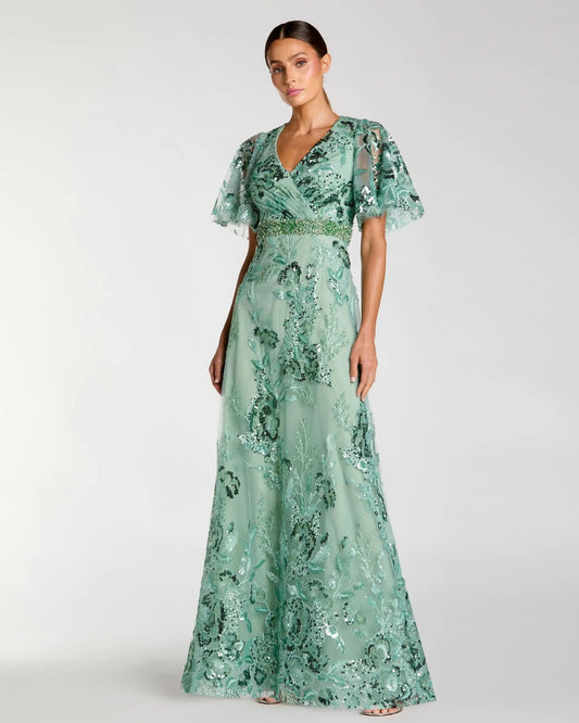 Green Floral Embellished Short Sleeve Gown