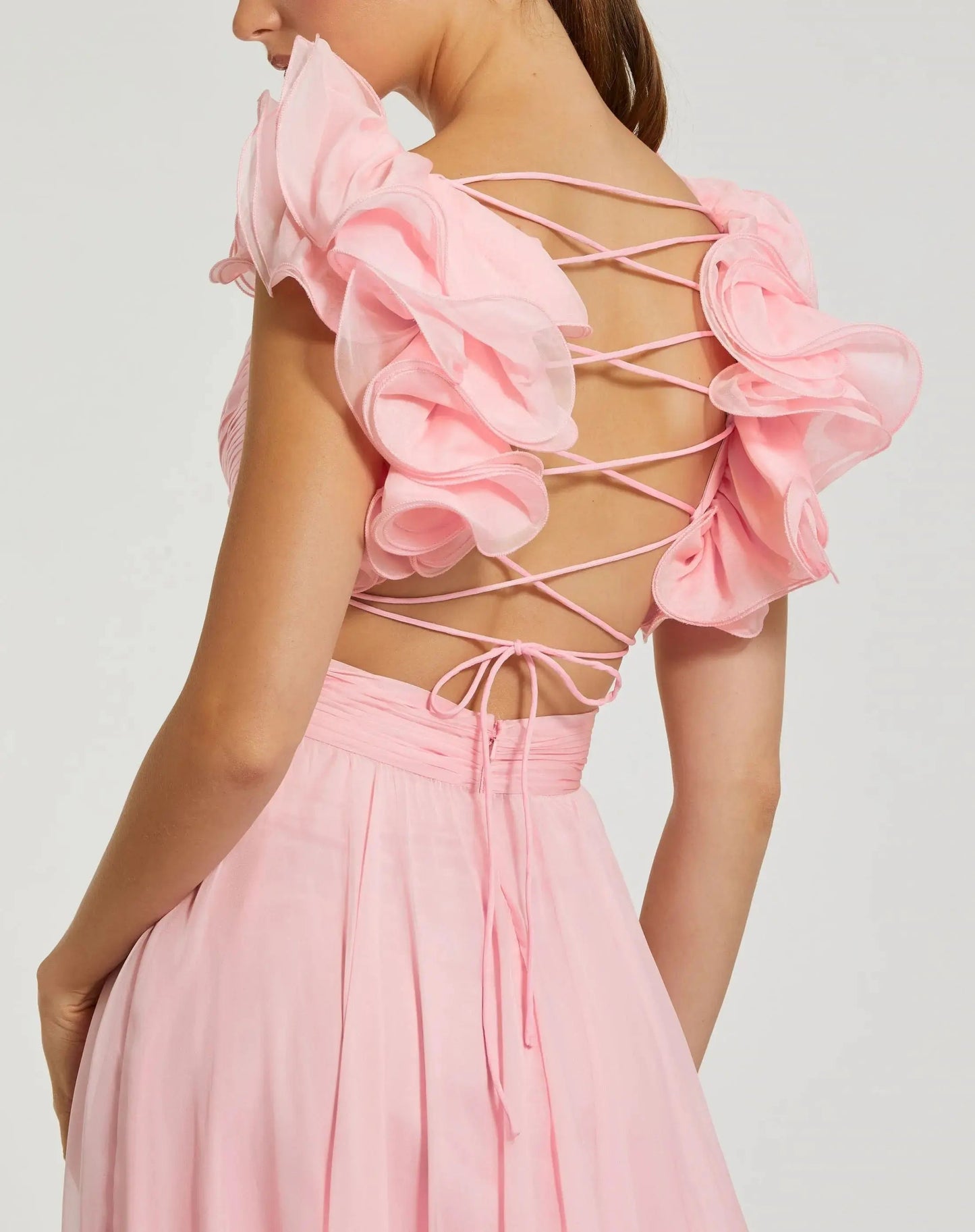 Pink Ruffle Tiered Cut-Out Chiffon Gown