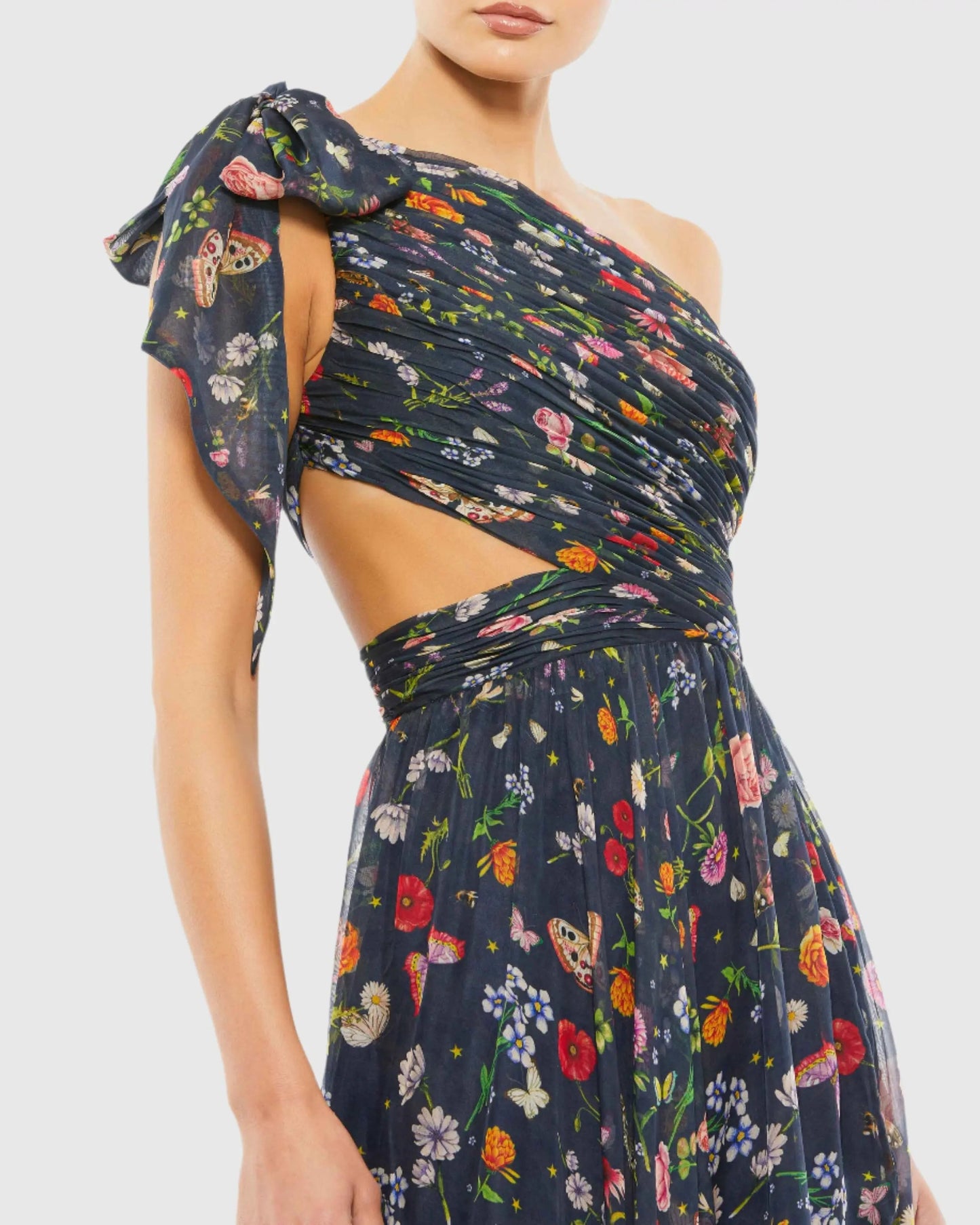 Navy Tied One Shoulder Cut-Out Flowy Gown