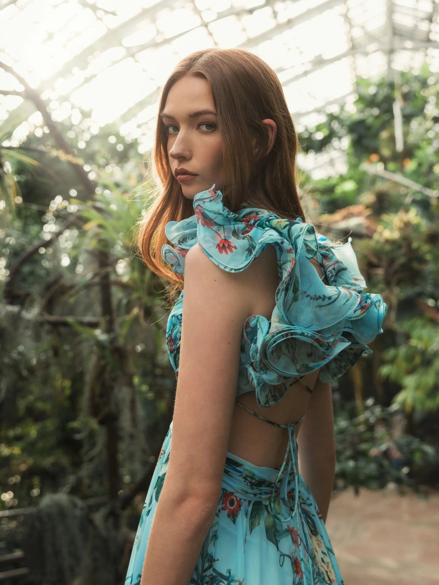 Blue Chiffon V-Neck Sleeveless Cut-Out Lace Up Back Gown