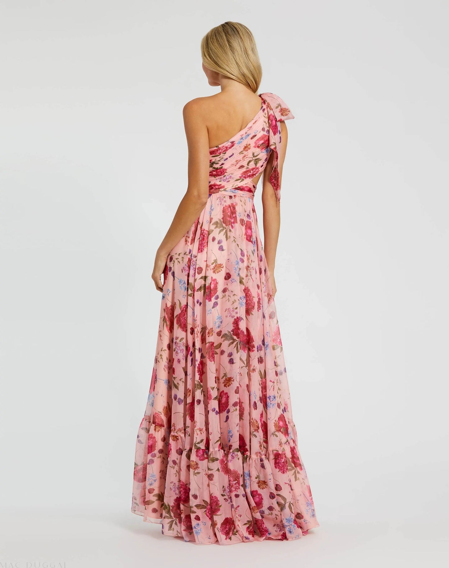 Pink One Shoulder Floral Printed Chiffon Side Cut Out Gown
