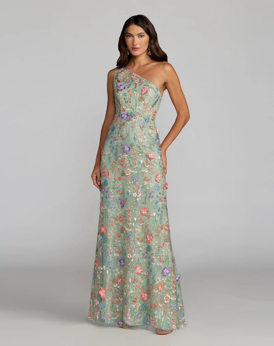 Green One Shoulder Floral Embroidered Gown