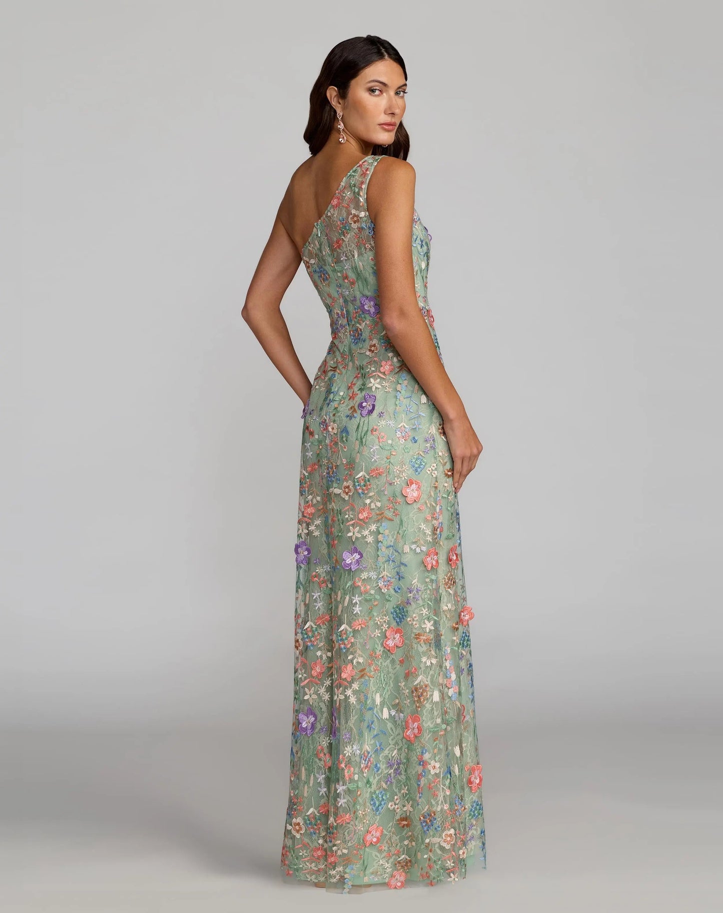 Green One Shoulder Floral Embroidered Gown