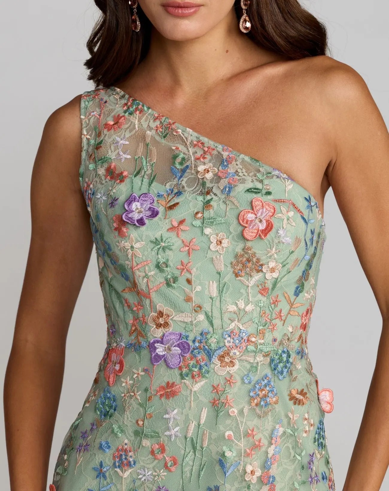 Green One Shoulder Floral Embroidered Gown