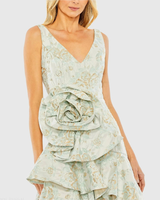 Green Floral Brocade Asymmetrical Hem Dress with Rosette