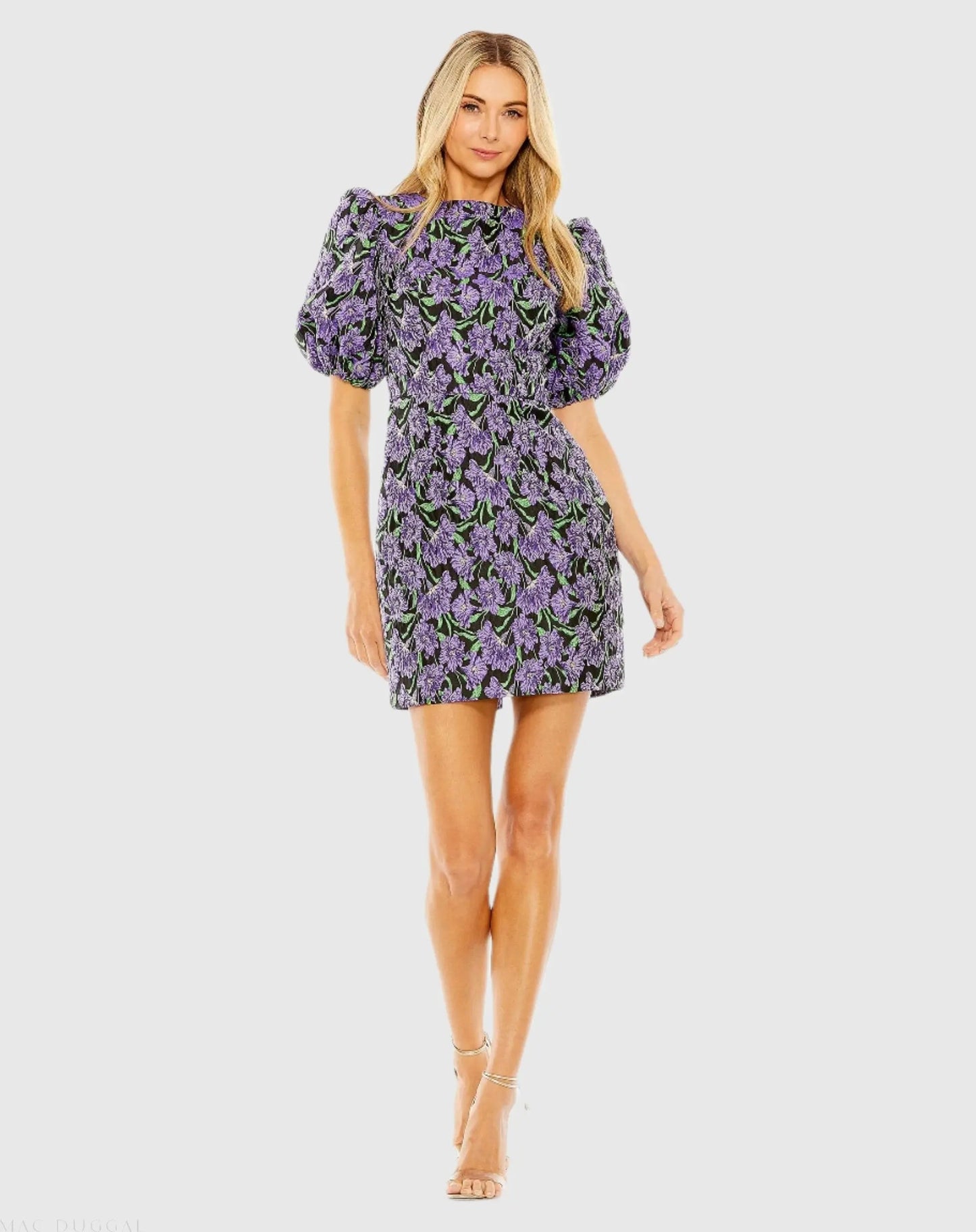 Purple and Black Bubble Sleeve Brocade Mini Dress