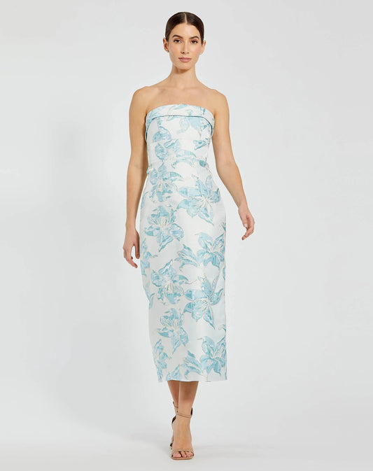 Blue and White Strapless Brocade Sheath Midi Dress