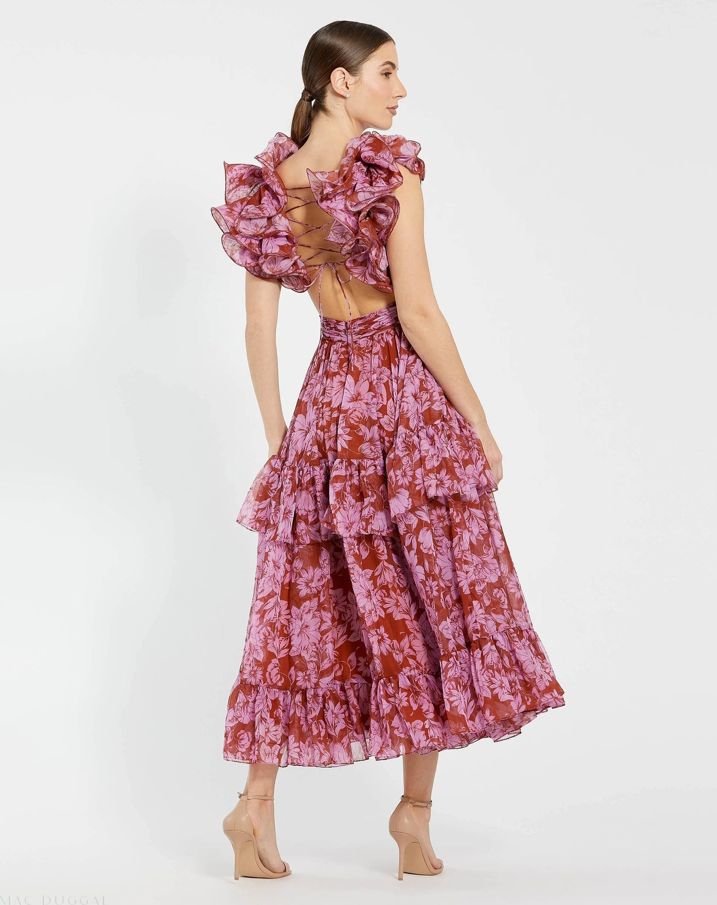 Red and Pink Ruffle Tiered Cut-Out Chiffon Midi Dress