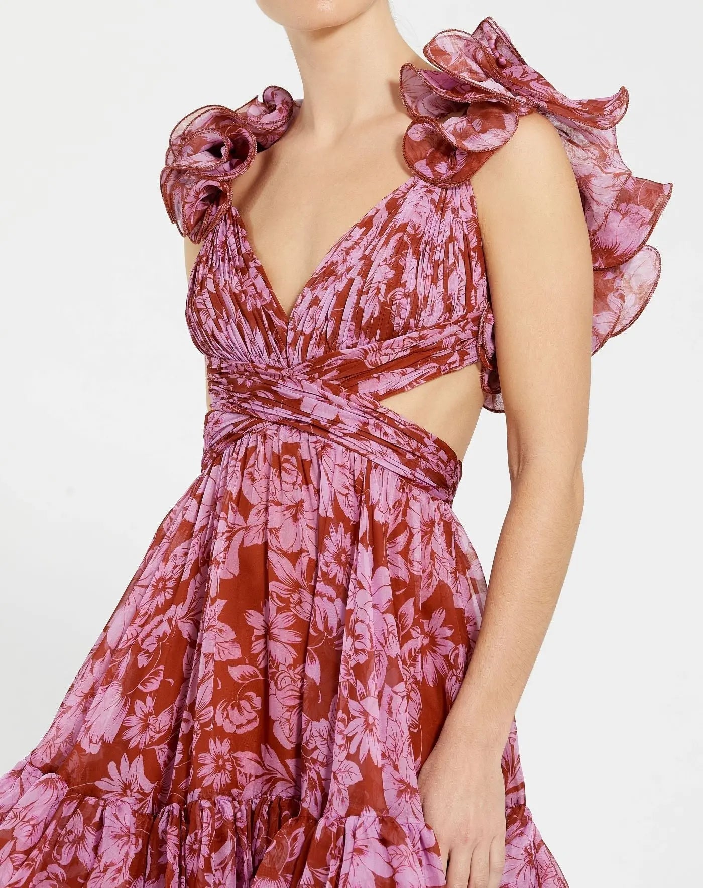 Red and Pink Ruffle Tiered Cut-Out Chiffon Midi Dress