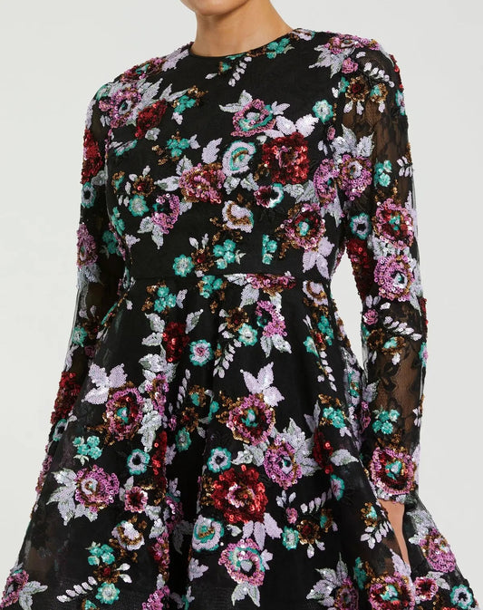 Black High Neck Long Sleeve Sequin A Line Mini Dress