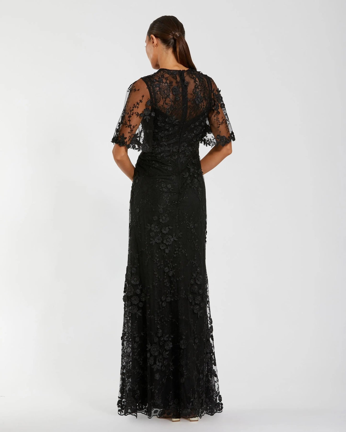 Black Flutter Sleeve Floral Embroidered Net Gown