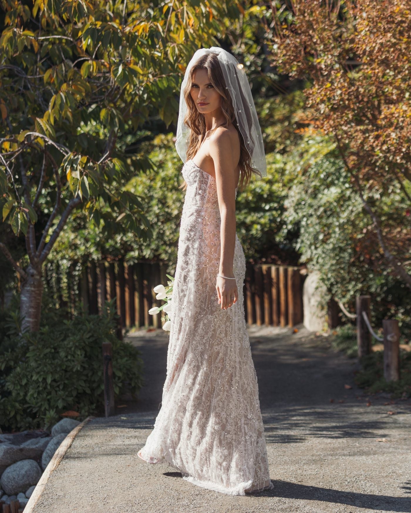 Ivory Embellished Lace Strapless Bustier Gown