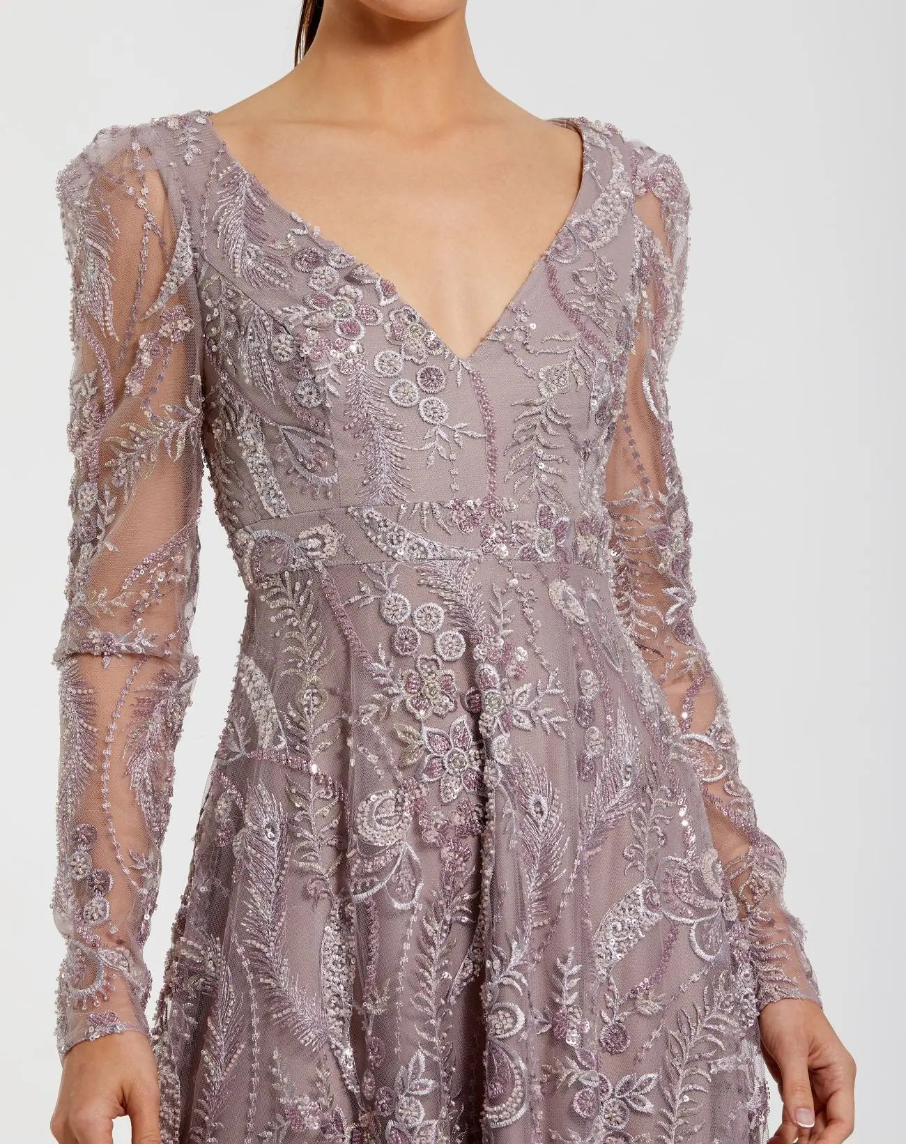 Purple Embroidered Long Sleeve V Neck Gown