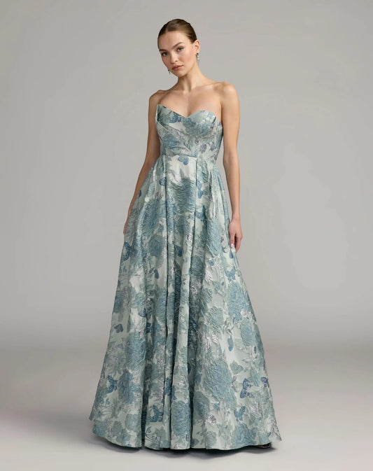 Blue Strapless Floral Brocade Ball Gown