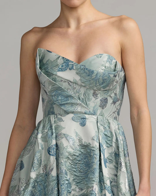 Blue Strapless Floral Brocade Ball Gown