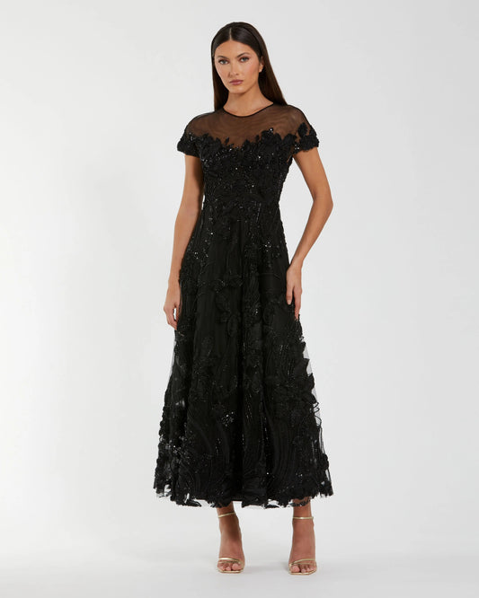Black Embellished Lace Illusion Neck A-Line Cocktail Dress