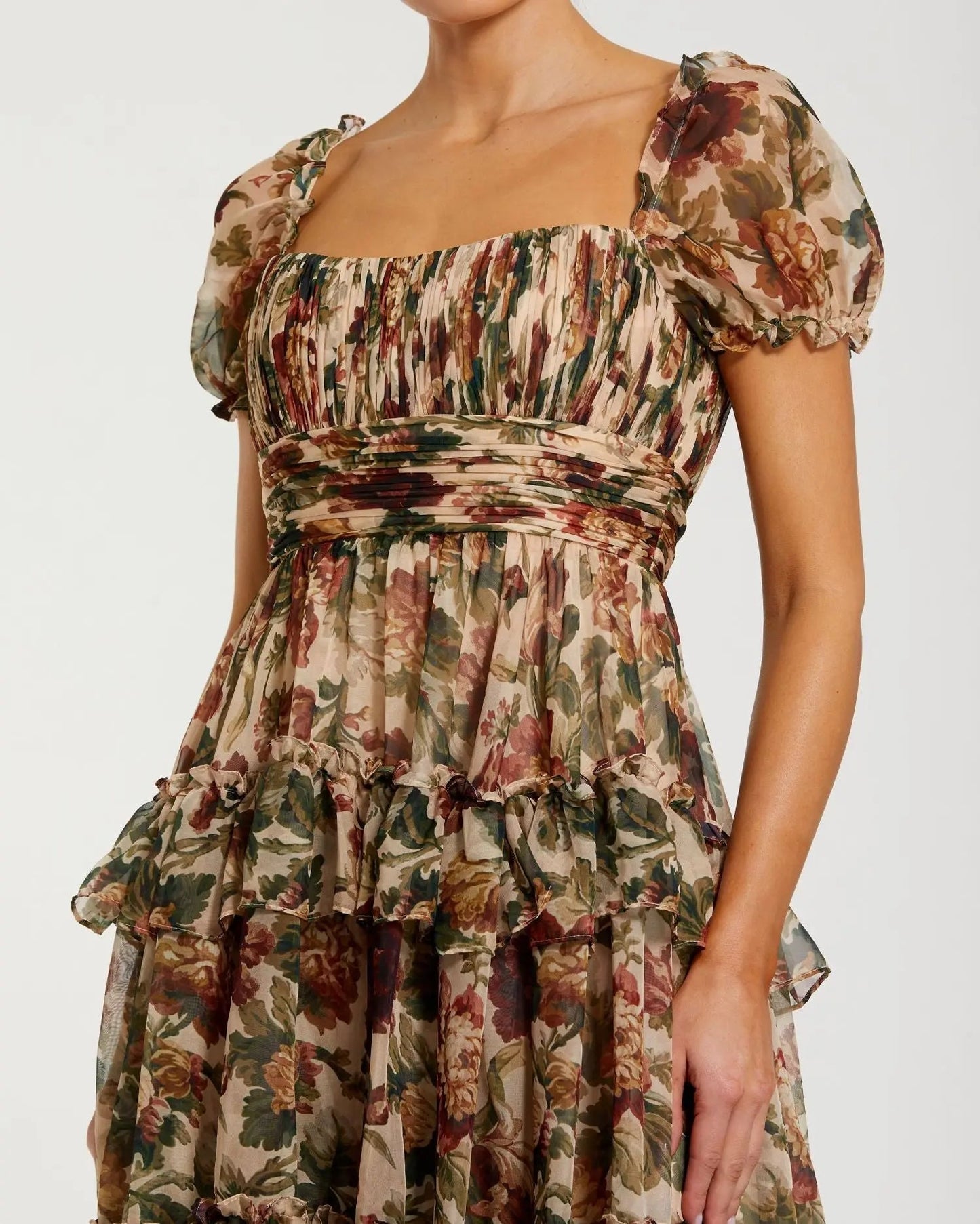 Beige Chiffon Ruffle A Line Midi Dress with Puff Sleeves