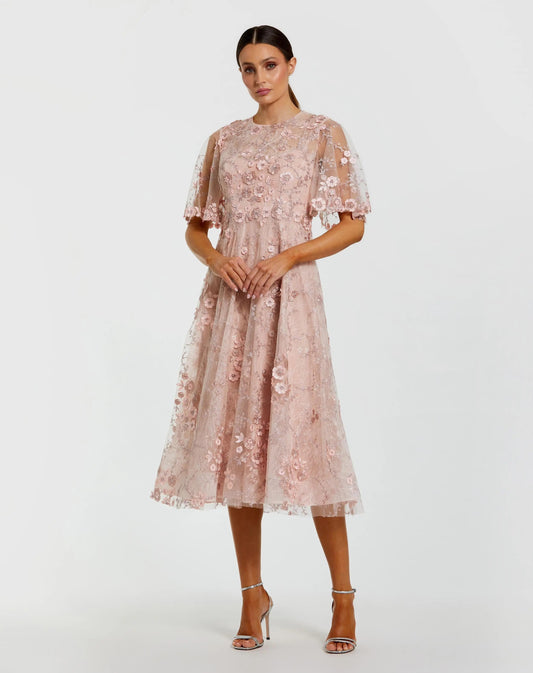 Pink Flutter Sleeve Embroidered Midi Dress