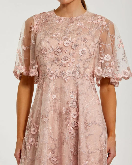 Pink Flutter Sleeve Embroidered Midi Dress