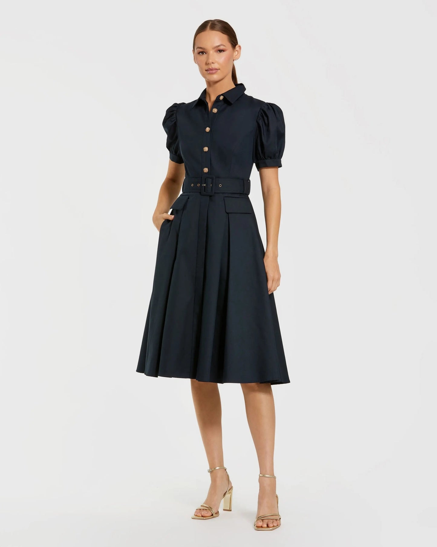 Navy Puff Sleeve Belted Midi Shirt Dress