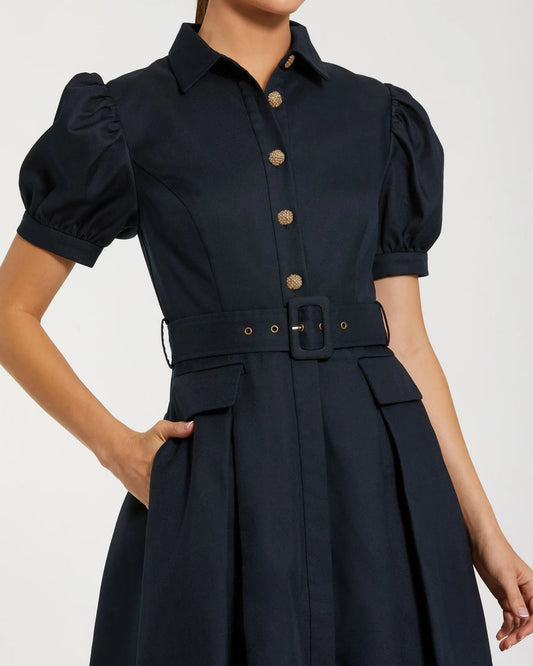 Navy Puff Sleeve Belted Midi Shirt Dress
