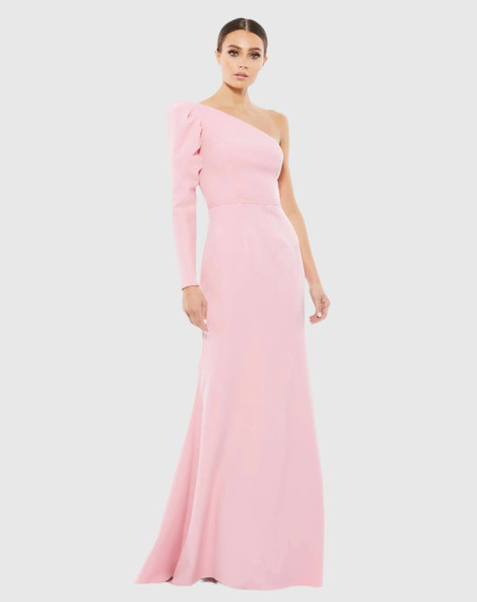 Pink One Shoulder Puff Sleeve Gown