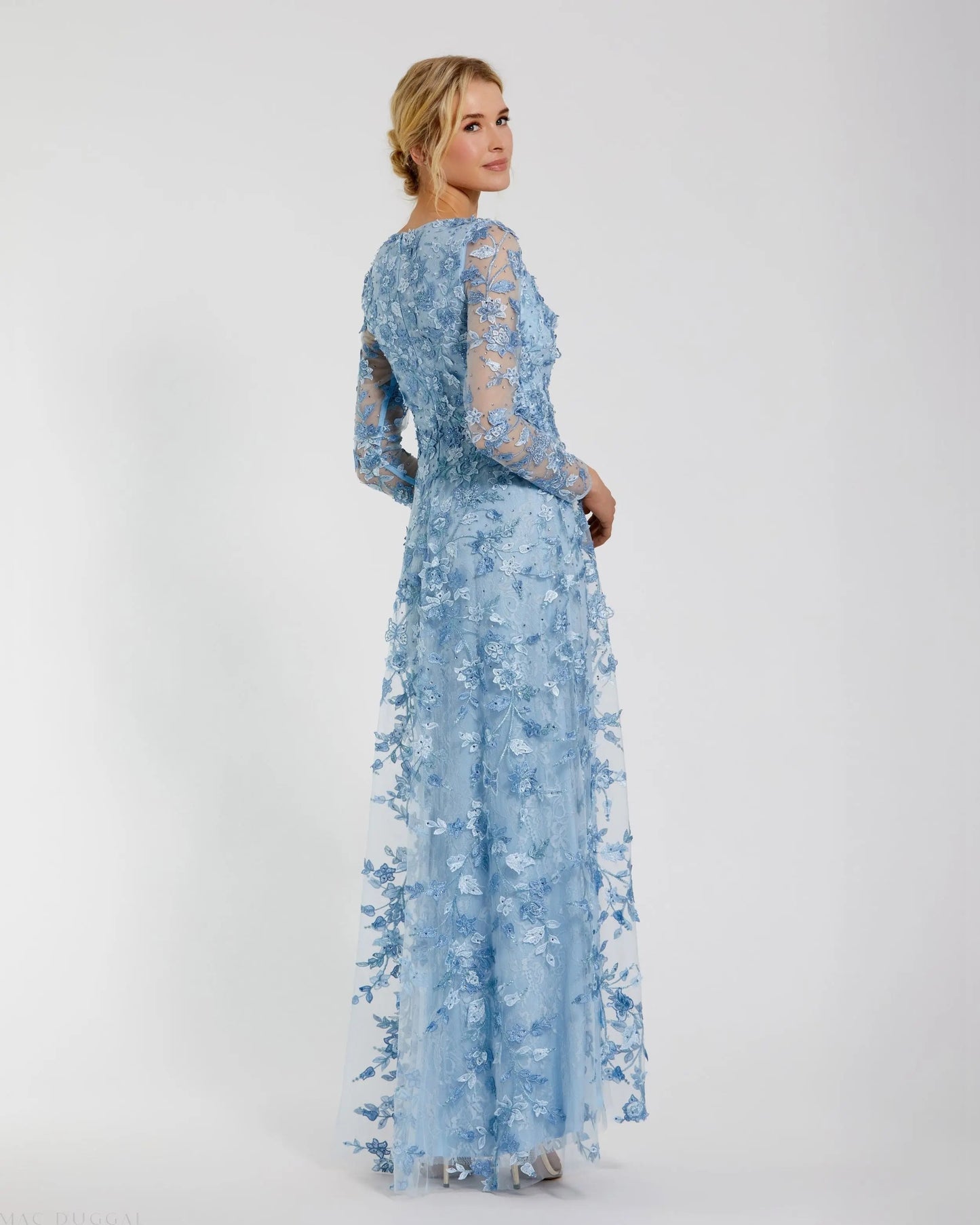 Blue Floral Applique Long Sleeve Illusion Gown