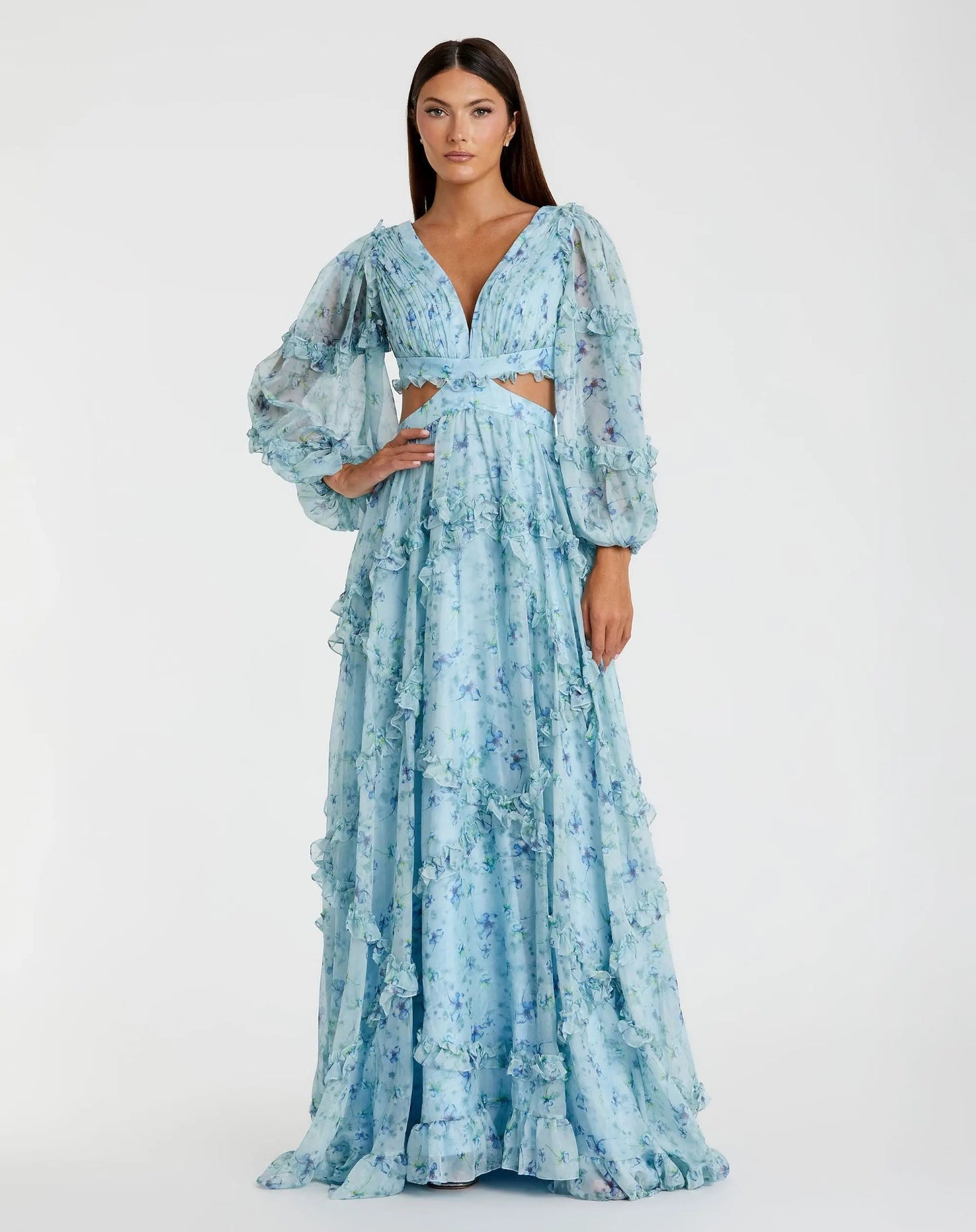 Blue Ruffle Tiered Floral Cutout Long Sleeve Gown - FINAL SALE