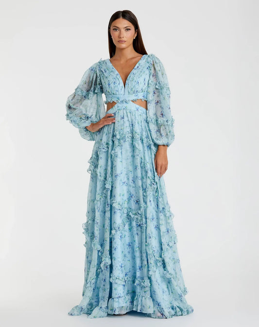 Blue Ruffle Tiered Floral Cutout Long Sleeve Gown - FINAL SALE