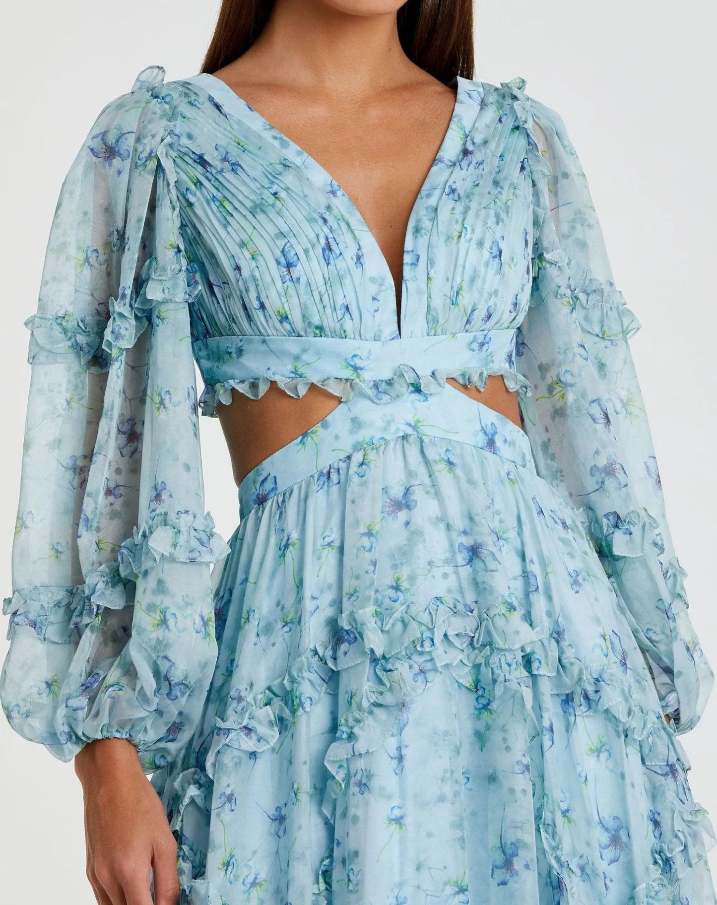 Blue Ruffle Tiered Floral Cutout Long Sleeve Gown - FINAL SALE