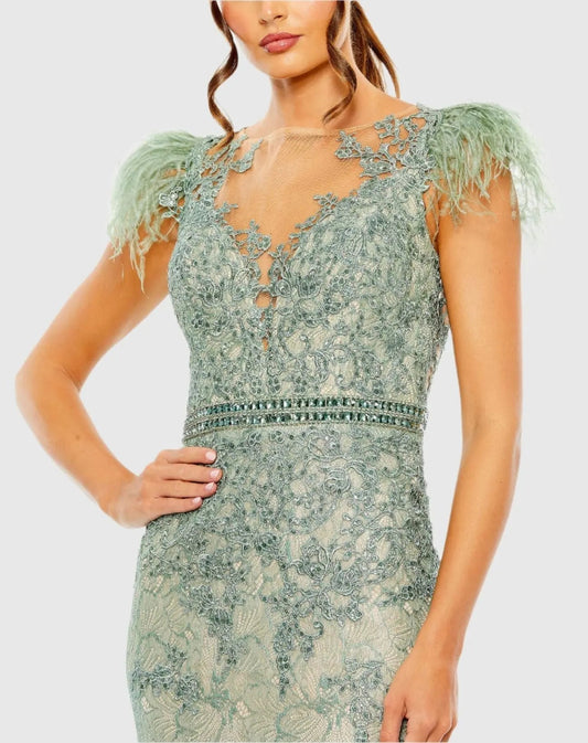 Green Embellished Feather Cap Sleeve Illusion Neck Trumpet Gown